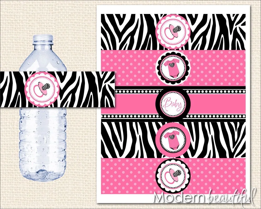 Hot pink and black zebra baby shower water by ModernBeautiful