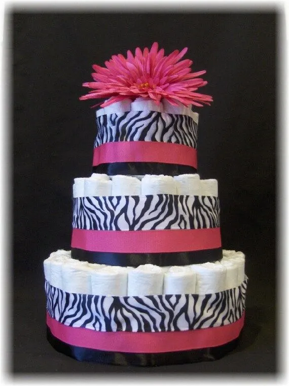 Hot pink zebra 3 tier diaper cake baby shower by brookesandcompany