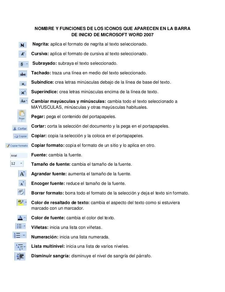 Iconos de la Barra de inicio de word 2007