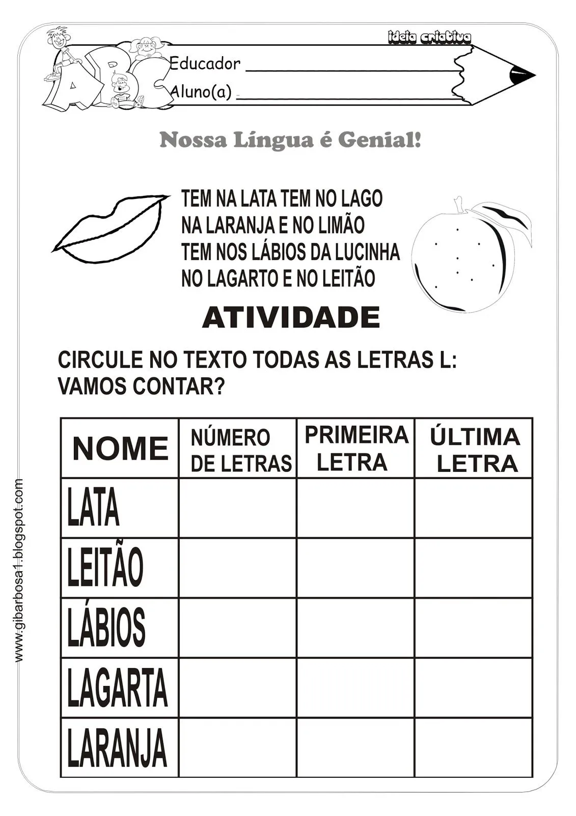 Ideia Criativa - Gi Barbosa: Atividade Letra L