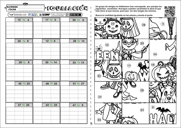 Igualación Halloween | Actividades de resta, Actiludis, Abn matematicas