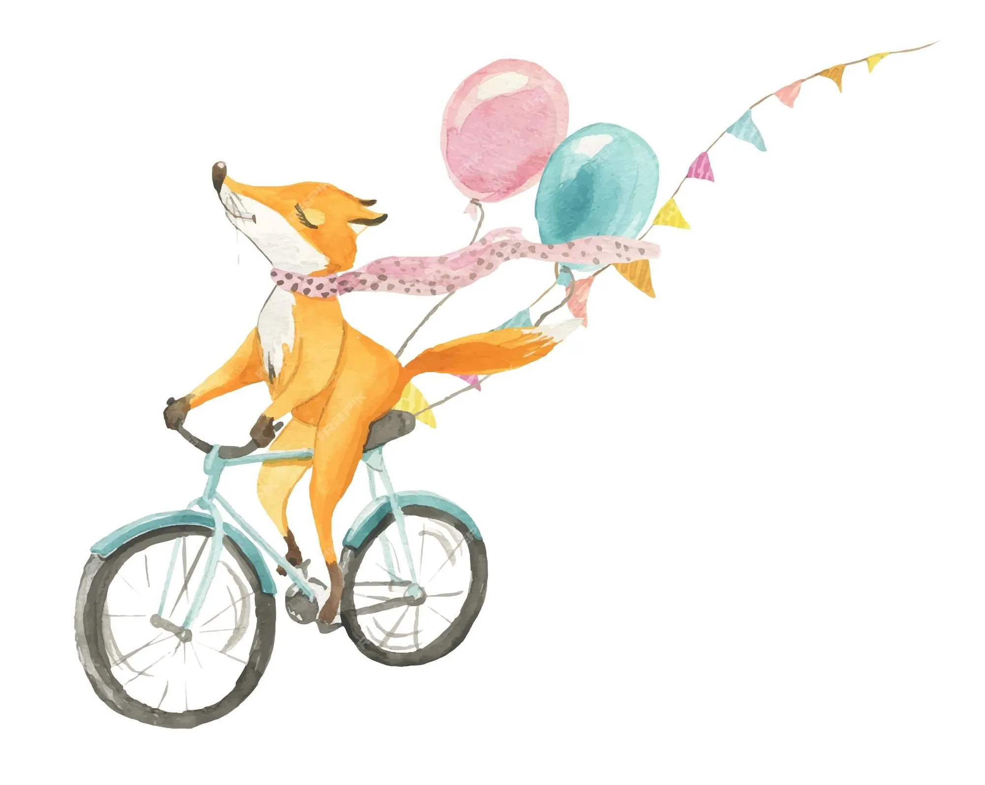 Ilustración acuarela de un zorro con un globo en bicicleta | Vector Premium
