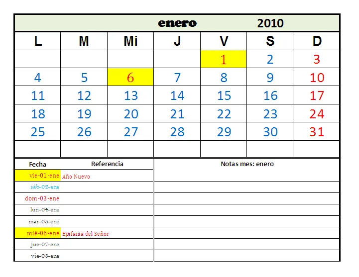 Calendario mensual para anotaciones