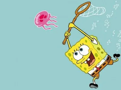 Bob Esponja intentando atrapar una medusa