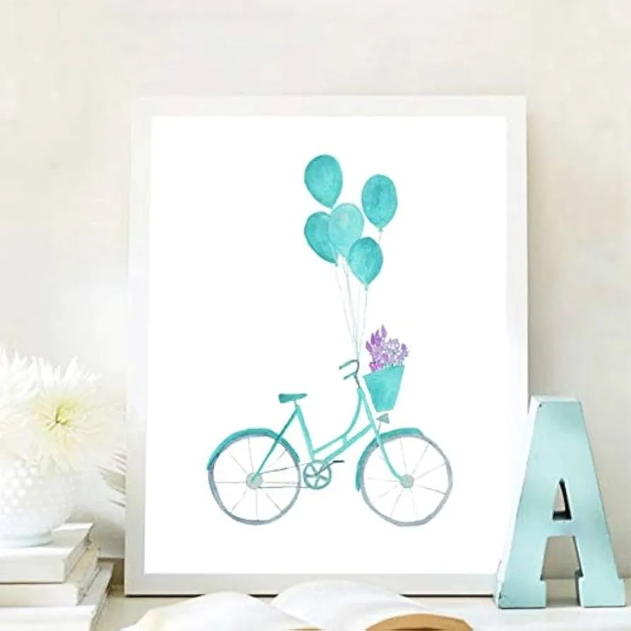 Impresiones de Poster de globos de bicicleta de acuarela turquesa Flores de bicicleta lindas Pintura de lienzo Cuadro de arte de pared abstracto para oficina Decoracion para el hogar 60x70cmx1 Sin marco :