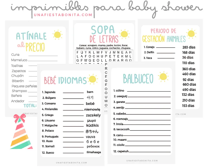 5 imprimibles - juegos para baby shower - una fiesta bonita