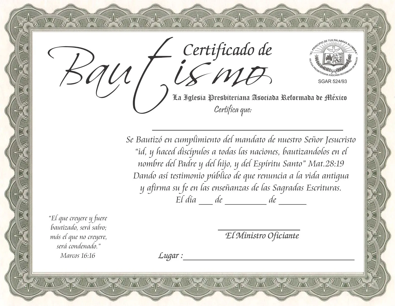 CERTIFICADO DE BAUTISMO ~ Iglesia Presbiteriana Asociada Reformada ...