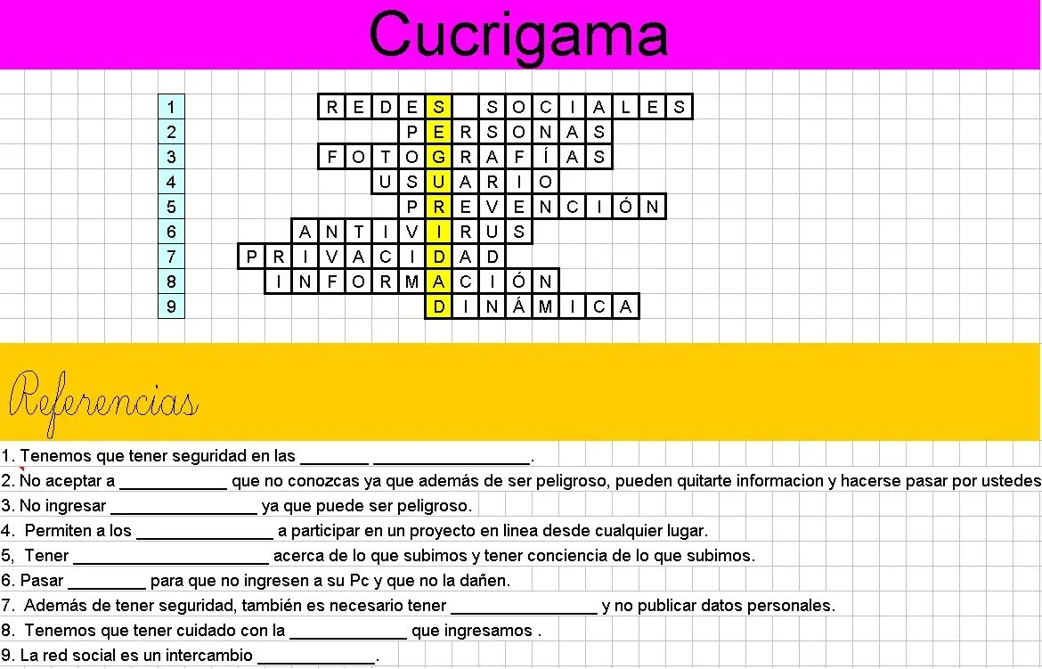 Informática 2º Gea: Crucigrama con la palabra central "Seguridad"