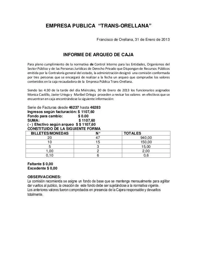 Informe de arqueo de caja