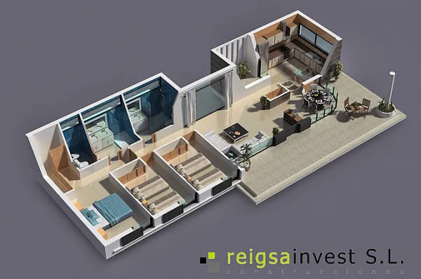 Interior design: Plano de Casa de 3 habitaciones en 3D