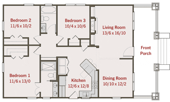 Interior design: Plano de Hermosa casa de un piso y tres habitaciones