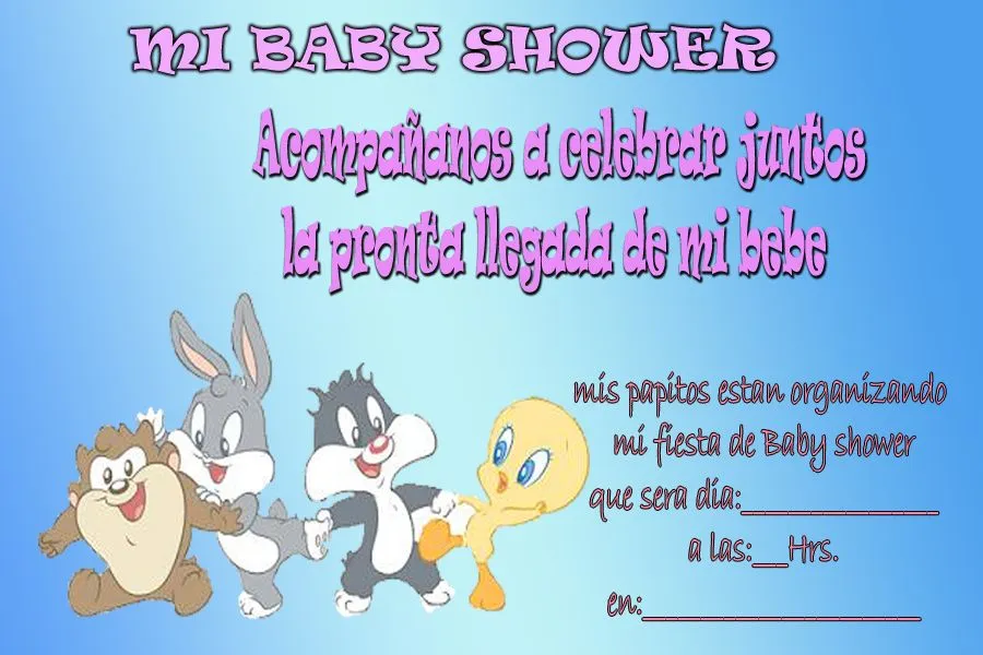 Invitacion de Baby Shower con el diseño de los Looney Toons Babys.