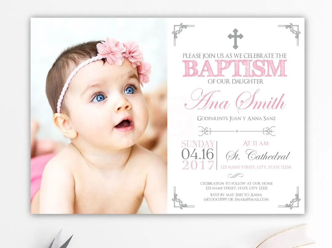 Invitacion de bautizo con foto bautizo chica bautizo bebe cristianismo  invitaciones impresas tarjetas rosa tarjetas bautizo BFC02 - Etsy México