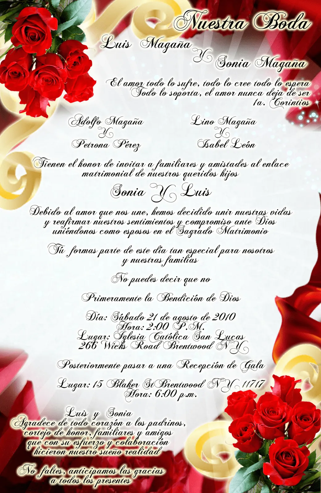 Invitación de Boda en color Rojo y Dorado con Rosas Rojas ...