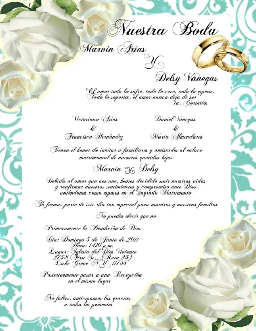 INVITACION DE BODA COLOR TURQUESA CON ROSAS BLANCAS Y ANILLOS ...