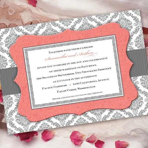 Invitación De La Boda, Gris Y Coral De La Invitación, Coral E ...