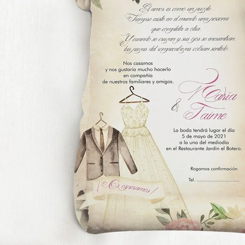 Invitacion de boda pergamino trajes - Detalles de Boda