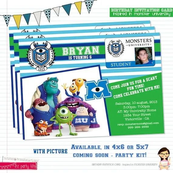 Invitación Cumpleaños Monsters University con Foto por EZPARTYKITS