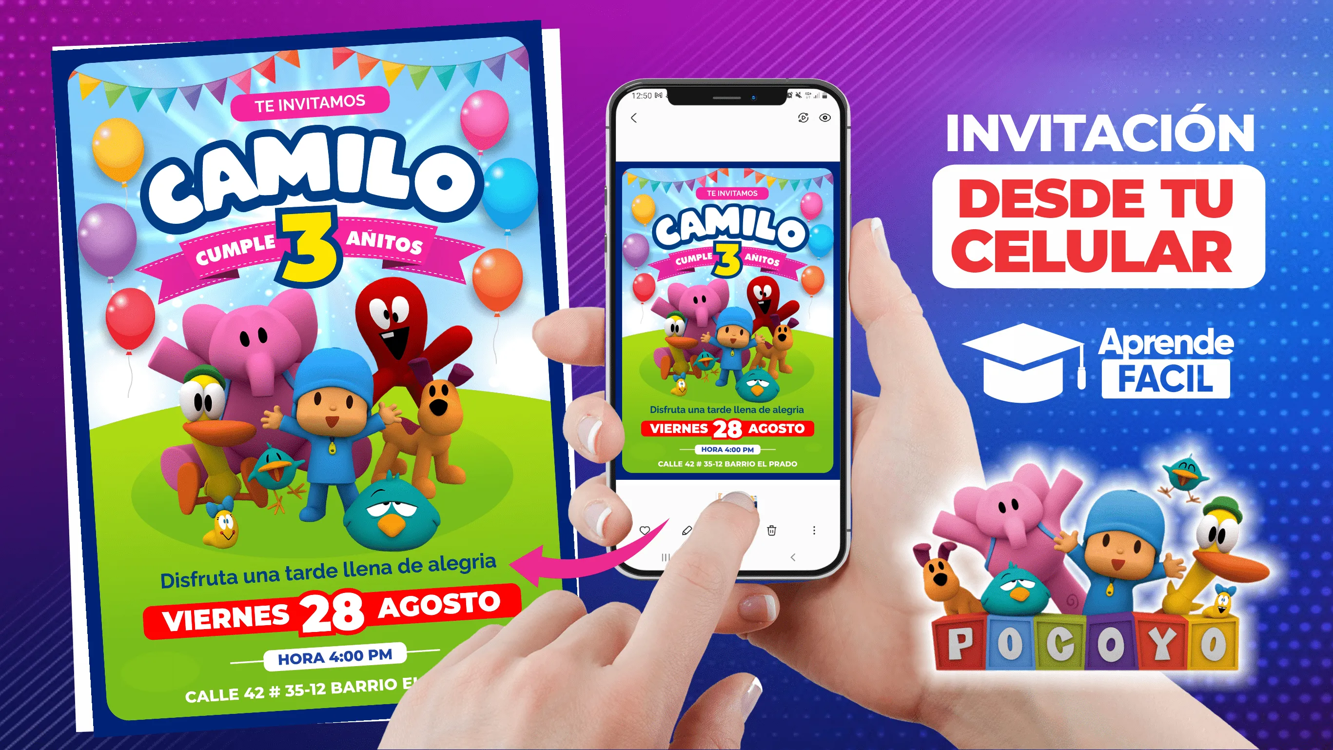 Invitación cumpleaños de pocoyo en el celular - Aprende Facil