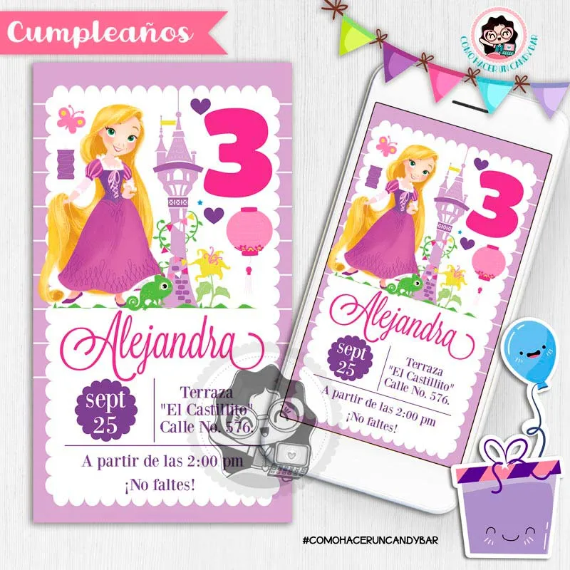 Invitación Digital: Princesa Rapunzel - Como hacer un Candy bar: Tienda de  Kits e Invitaciones Imprimibles