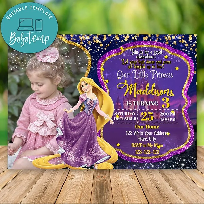 Invitación de fiesta de Disney Rapunzel editable con foto DIY | Bobotemp