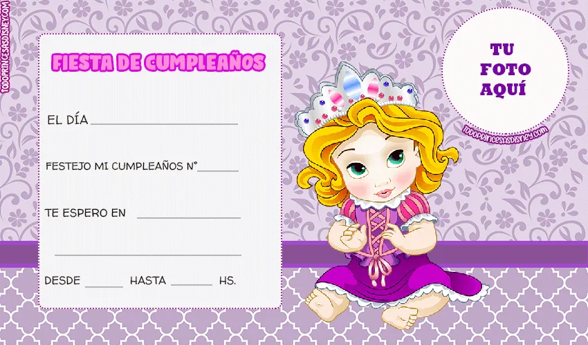 Invitaciones de Rapunzel para editar con Foto | Princesas Disney