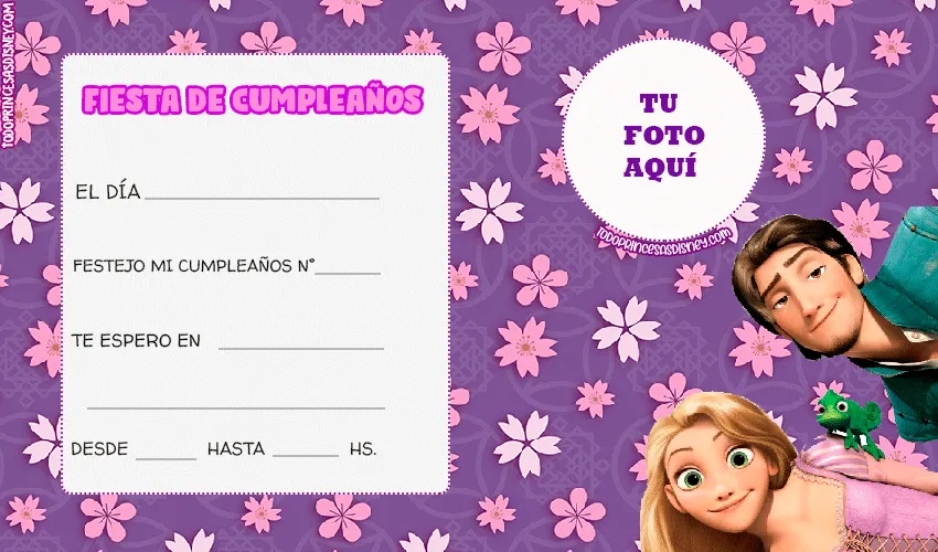 Invitaciones de Rapunzel para editar con Foto | Princesas Disney