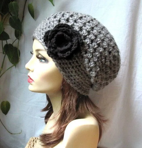 Items similar to Crochet Beret Womens Hat, Slouchy Beret, Charcoal ...