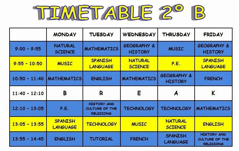 Iván El Salvador: Horario de 2ºB para el curso 2014-15