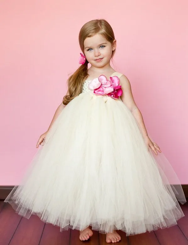 Ivory Flower Girl Tutu Dress with Pink Hydrangea Blossom