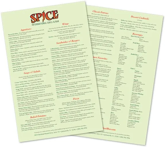 Jacksonville Menu Printing - Spice International Bar & Grill ...