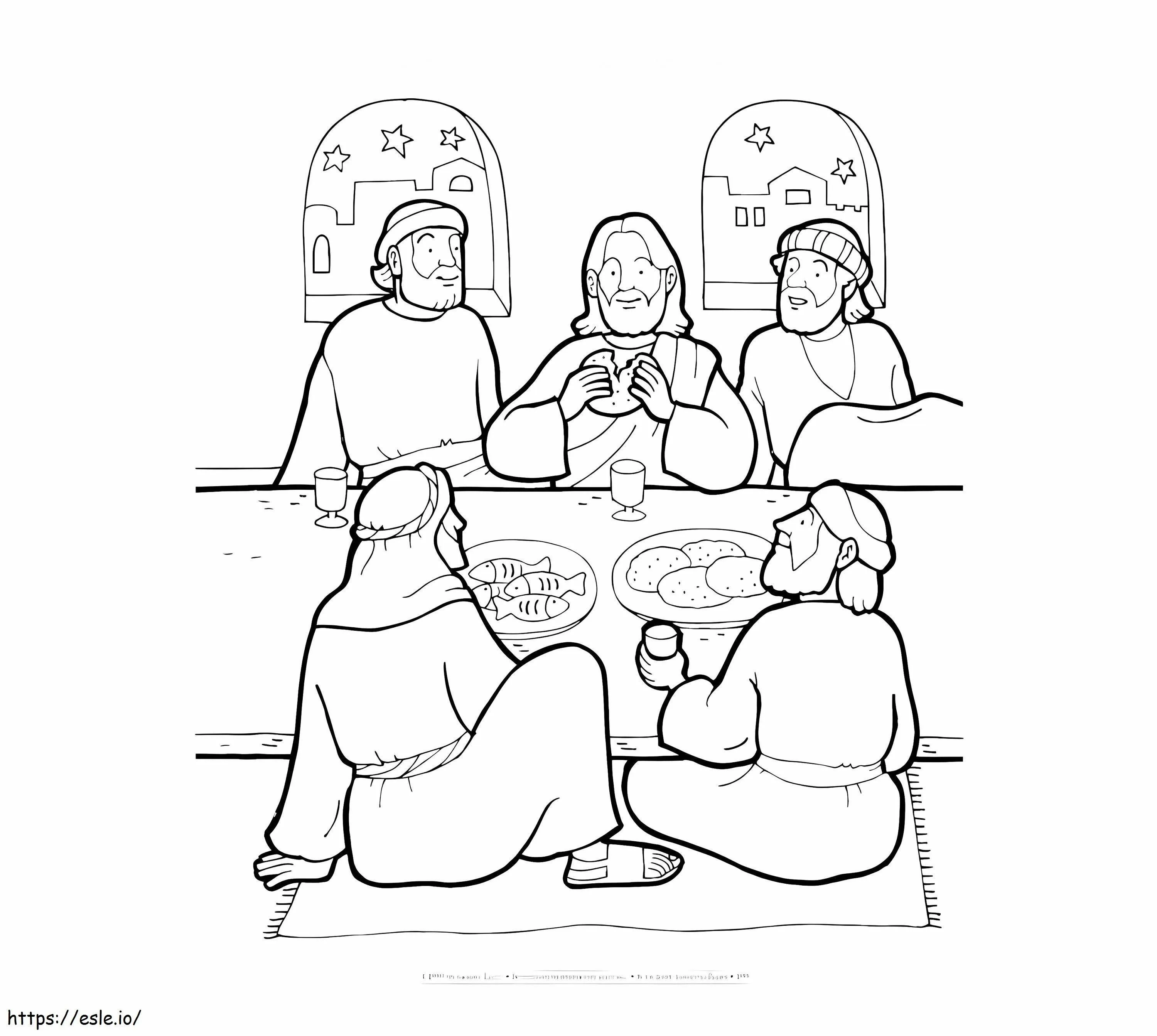 Jesús y sus amigos en la última cena para colorear