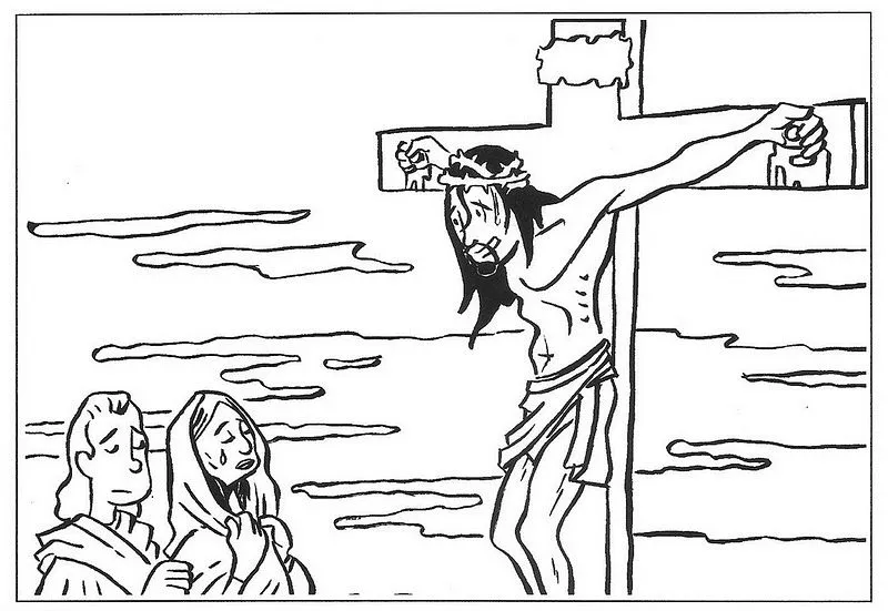 Jesus crucificado frente a Juan y Maria. Dibujo para colorear ...