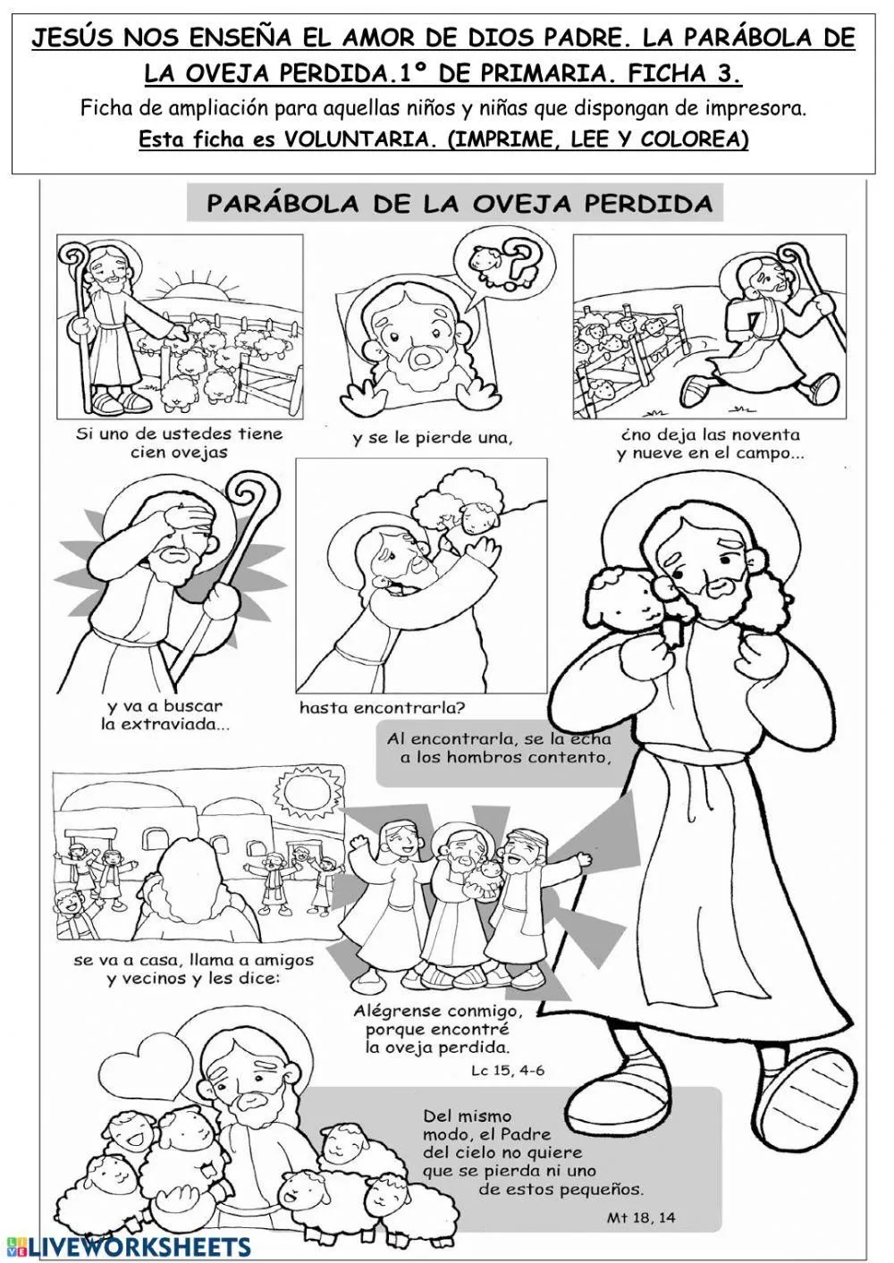 Jesús nos enseña el amor de Dios Padre. la parábola de la oveja perdida.1º  de primaria worksheet | Live Worksheets