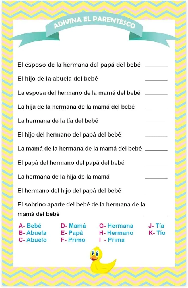 Juego de 20 piezas para fiestas de baby shower, en español. Adivina el juego  de parentesco. Aprende y practica español : Amazon.com.mx: Juguetes y Juegos