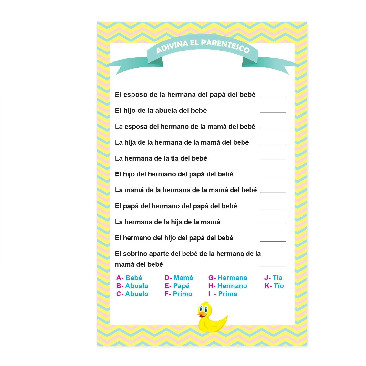 Juego de 20 piezas para fiestas de baby shower, en español. Adivina el juego  de parentesco. Aprende y practica español : Amazon.com.mx: Juguetes y Juegos