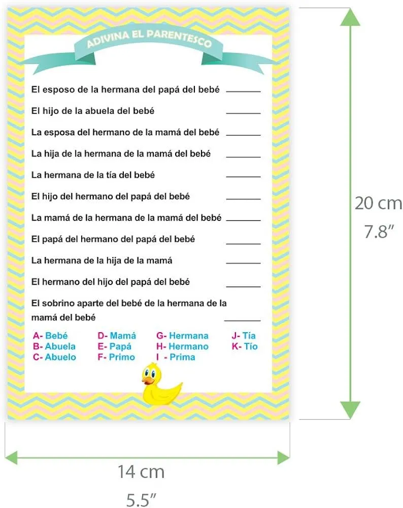 Juego de 20 piezas para fiestas de baby shower, en español. Adivina el juego  de parentesco. Aprende y practica español : Amazon.com.mx: Juguetes y Juegos