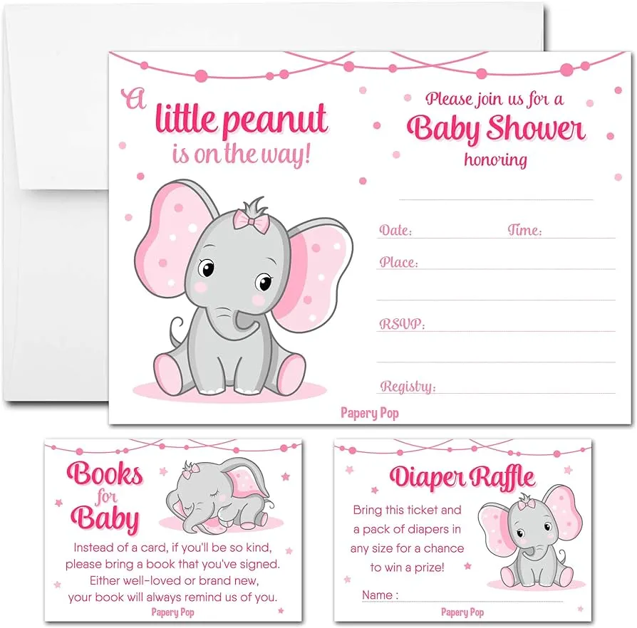 Juego de 25 invitaciones para baby shower para niñas con sobres, boletos  para rifle de pañales y tarjetas de solicitud de libro de baby shower –  Elefante : Amazon.com.mx: Bebé