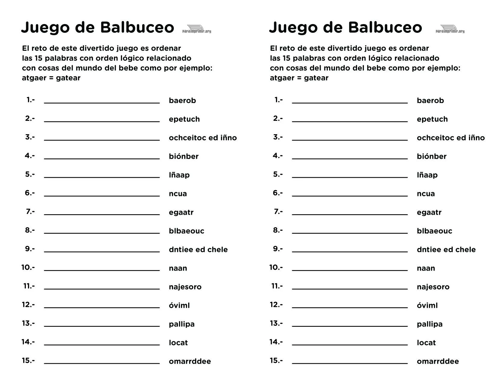 Juego de Baby Shower de Balbuceo para imprimir en PDF 2023