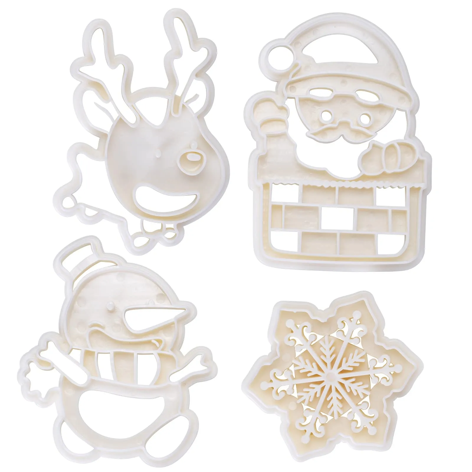 Juego de 4 cortadores de galletas de plástico para manualidades en 3D,  copos de nieve, muñeco de nieve, cara de Papá Noel, reno, fondant,  galletas, molde para hornear pasteles (blanco) : Amazon.com.mx: