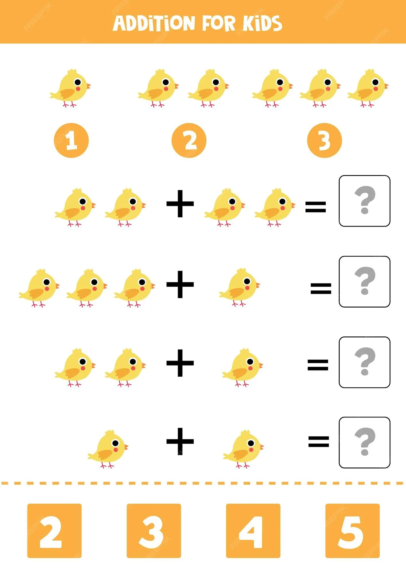 Juego de suma con pollo de dibujos animados lindo. juego de matemáticas  para niños. | Vector Premium