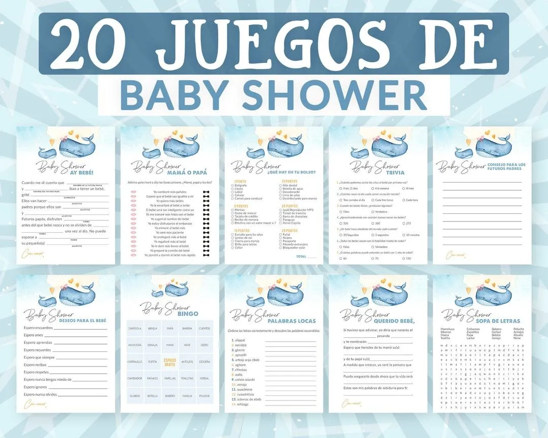 Juegos Baby Shower para niño Pack de Imprimibles de Ballena - Etsy México