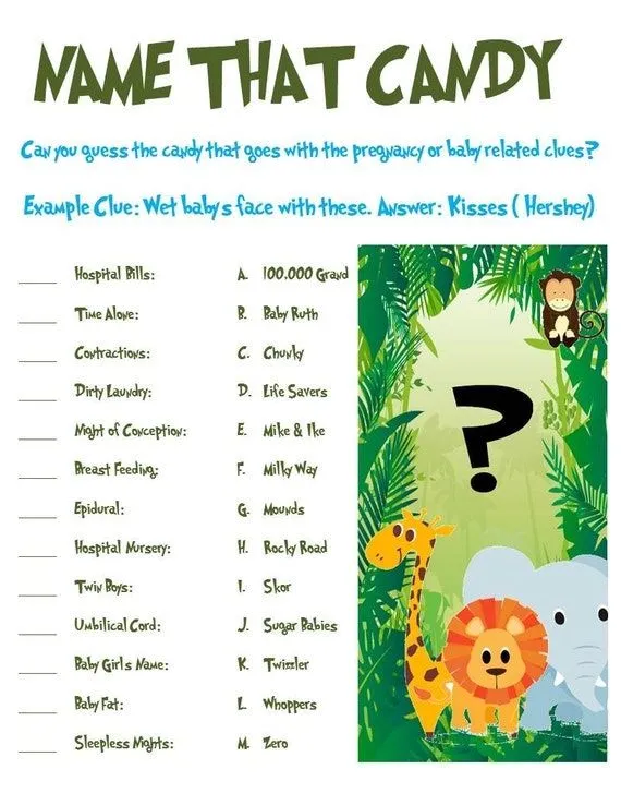 Jungle Animal Baby Shower Game Name That Candy by AllThingsParty