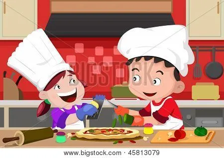 Kids Making Pizza In The Kitchen Stock Vector & Stock Photos ...