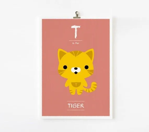 Kids wall art Alphabet poster T is for Tiger 5 x 7 art by loopzart