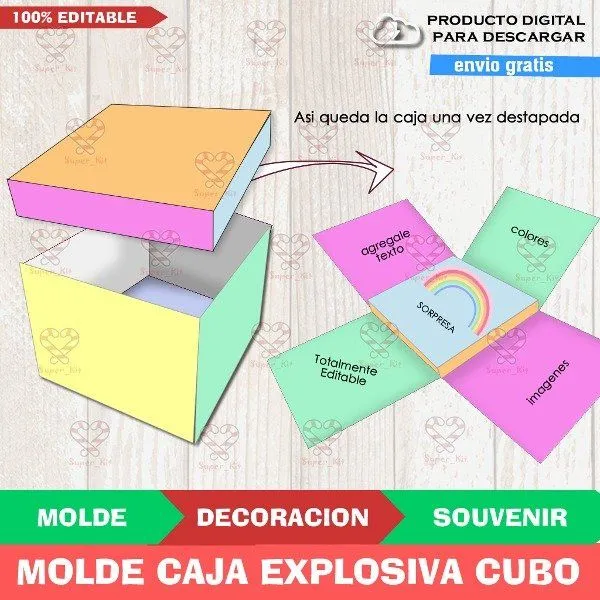 Kit Imprimible Molde Caja Explosiva Cubo Cuadrada Editable + Fondos - Super  Kit Imprimible