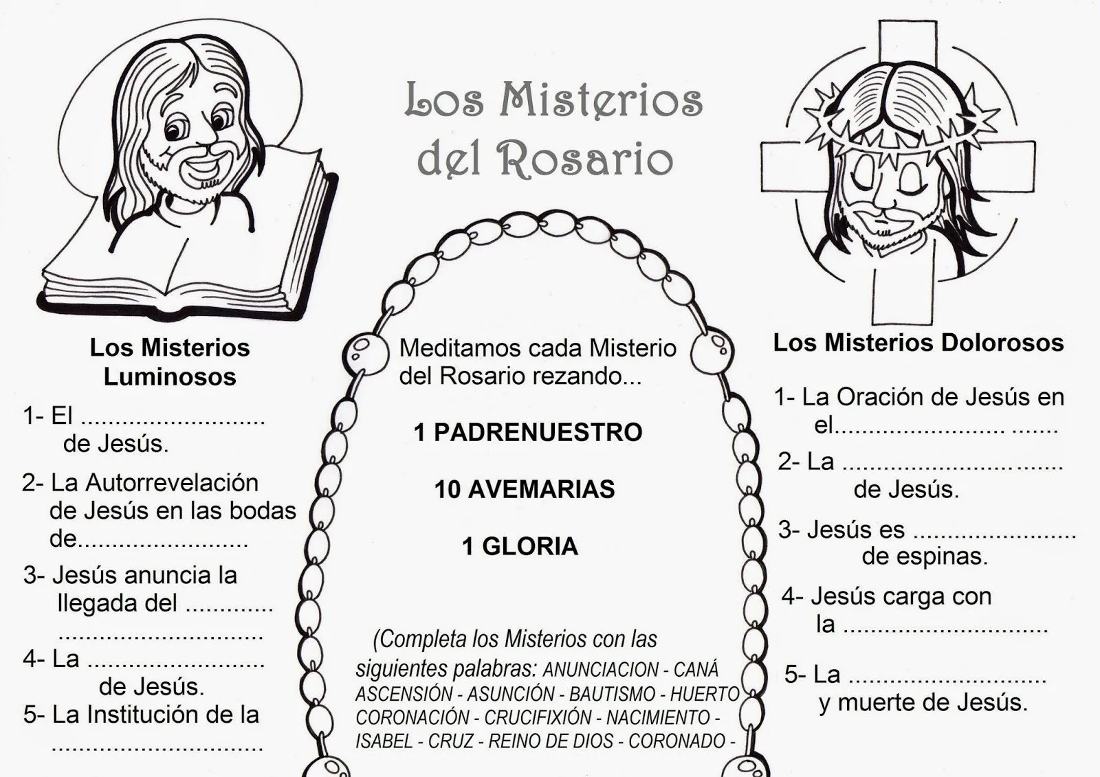 LÁMINA: Los Misterios del Rosario completar y colorear - Educacion Religiosa