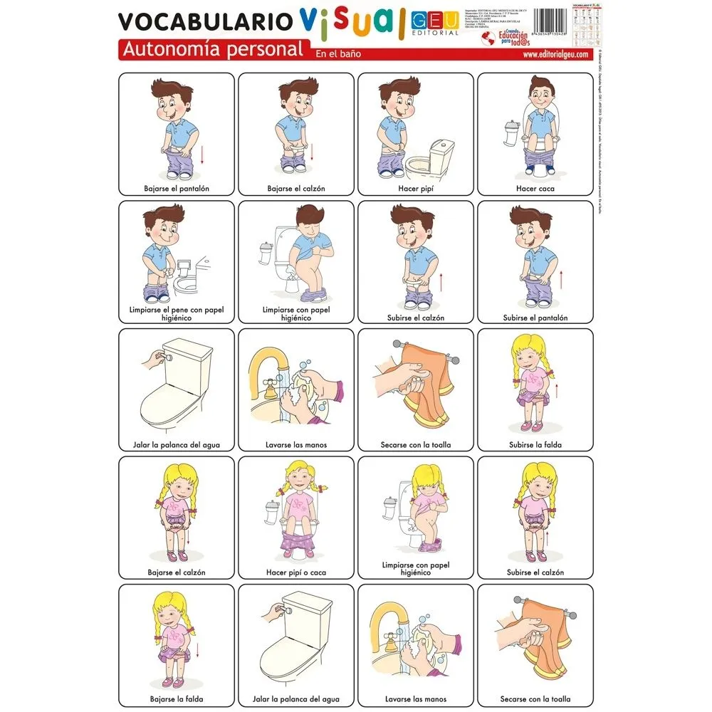 ☆ Lámina de vocabulario visual. Autonomía personal: En el baño ® Editorial  GEU Mexico