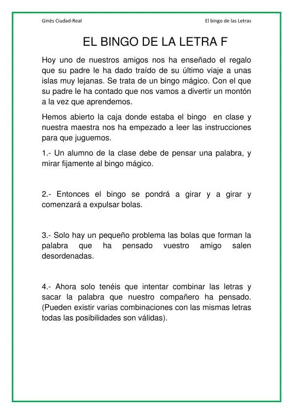 Lectoescritura infantil y primaria El bingo de la letra F ...