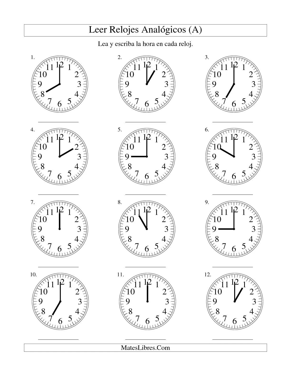 Leer la Hora en un Reloj Analógico en Intervalos de Una Hora (A ...